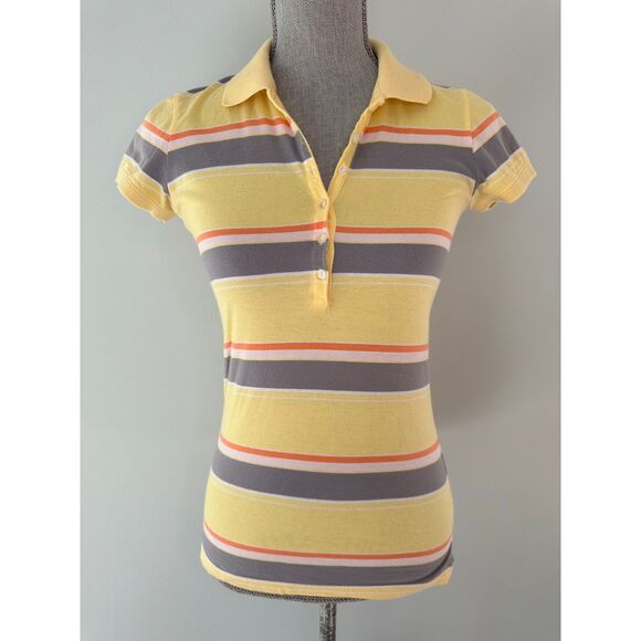 Vintage Y2k Aeropostale Yellow Gray Orange Striped Collared Polo Shirt Small - Picture 1 of 4